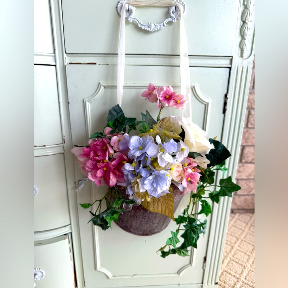 Faux Floral Hanging Half Basket with Pink and Purple Flowers and Chiffon Hanger